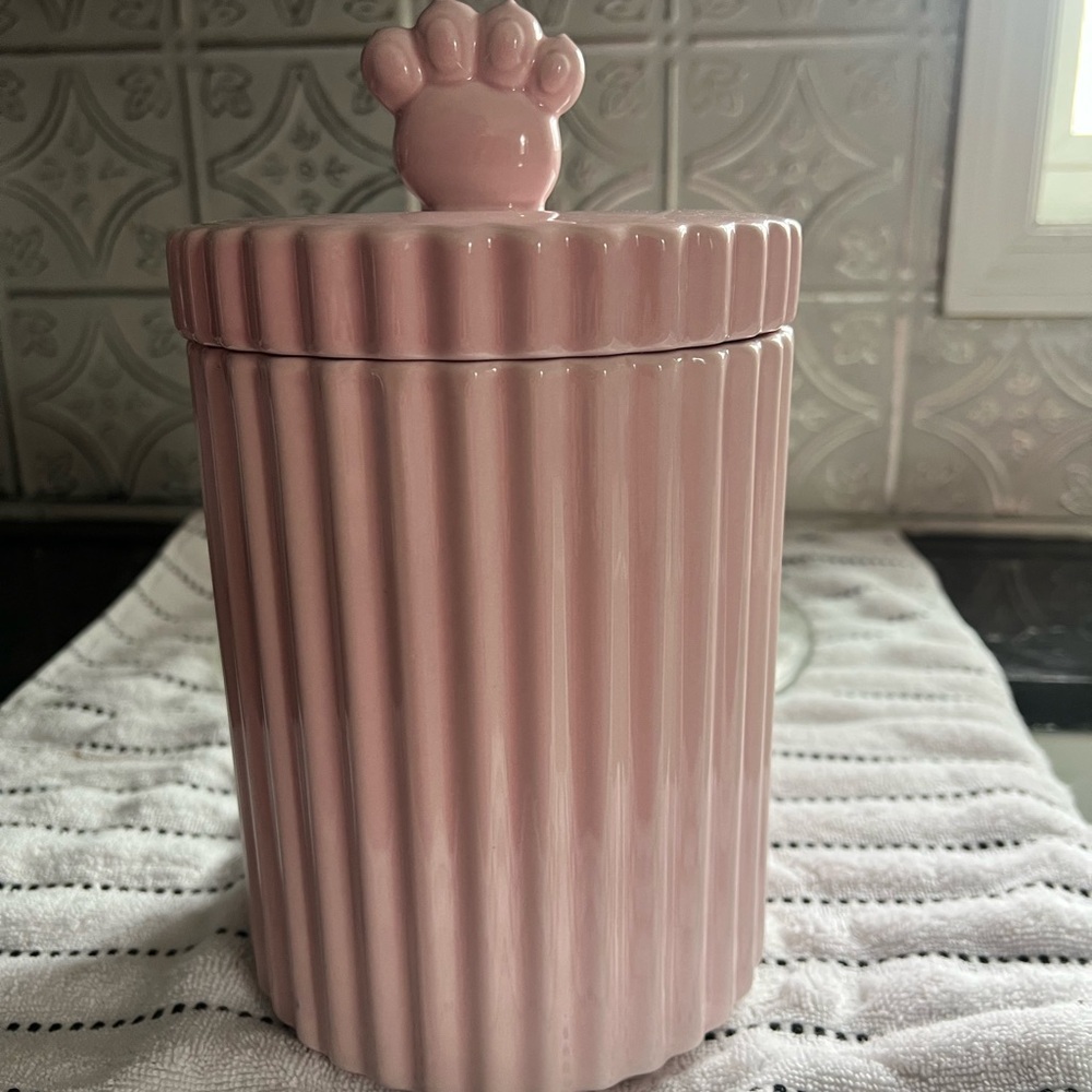 Pink Ceramic Canister with Paw Lid